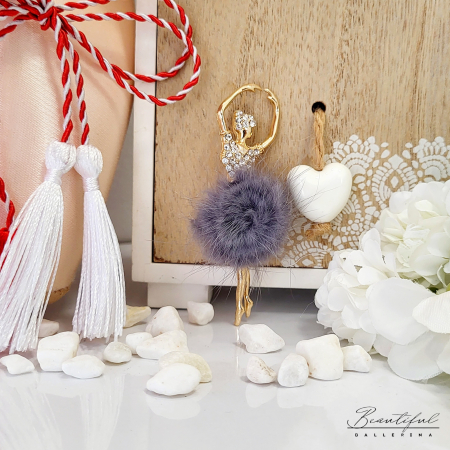 MARTIE - MARTISOR - Brosa Martisor - mare - in forma de balerina cu pietre albe si puf gri