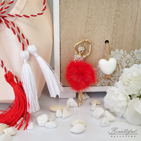 MARTIE - MARTISOR - Brosa Martisor - mare - in forma de balerina cu pietre albe si puf rosu