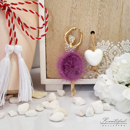 MARTIE - MARTISOR - Brosa Martisor - mare - in forma de balerina cu pietre albe si puf mov