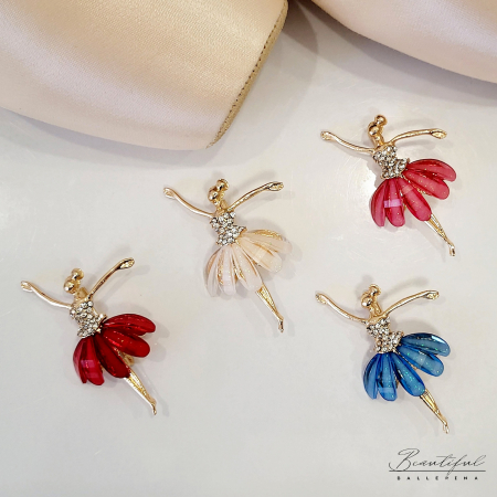 Brosa Martisor, mare - in forma de balerina cu pietre albe si petale sidefate rosii pe tutu [2]