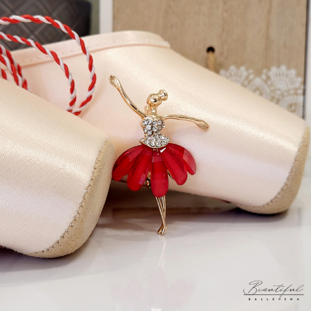 MARTIE - MARTISOR - Brosa Martisor, mare - in forma de balerina cu pietre albe si petale sidefate rosii pe tutu