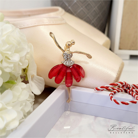 Brosa Martisor, mare - in forma de balerina cu pietre albe si petale sidefate rosii pe tutu [1]