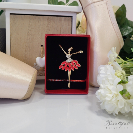 MARTIE - MARTISOR - Brosa Martisor, mare - in forma de balerina cu pietre albe si tutu rosu