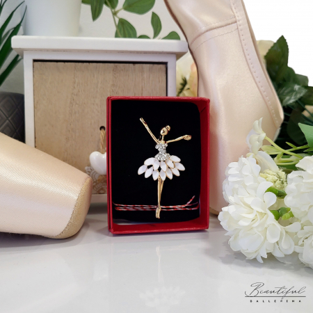 MARTIE - MARTISOR - Brosa Martisor, mare - in forma de balerina cu pietre albe si tutu alb