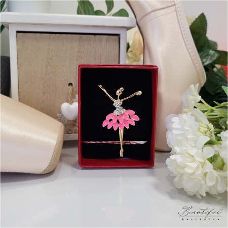 MARTIE - MARTISOR - Brosa Martisor, mare - in forma de balerina cu pietre albe si tutu roz