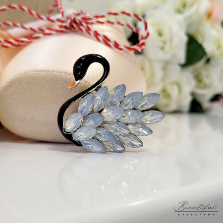 Brosa Martisor, mare - in forma de lebada neagra cu pietre alb natur [2]