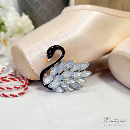 MARTIE - MARTISOR - Brosa Martisor, mare - in forma de lebada neagra cu pietre alb natur