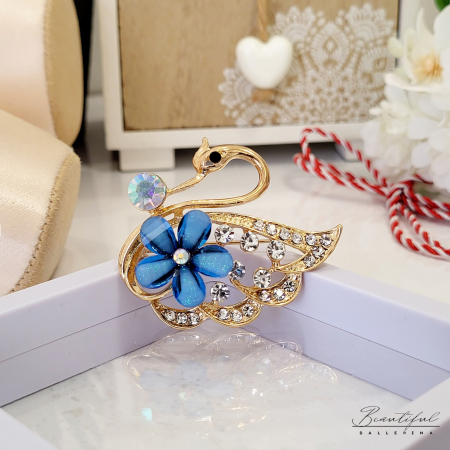 Brosa Martisor, mare - in forma de lebada cu pietre albe, multicolor si blue [1]