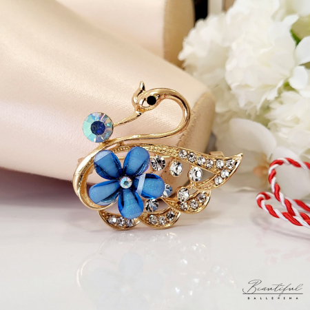 MARTIE - MARTISOR - Brosa Martisor, mare - in forma de lebada cu pietre albe, multicolor si blue