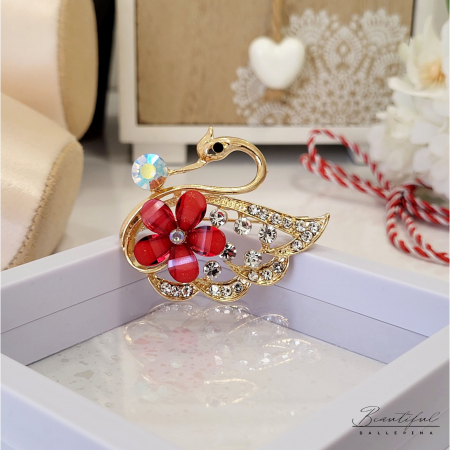 Brosa Martisor, mare - in forma de lebada cu pietre albe, multicolor si rosii [1]