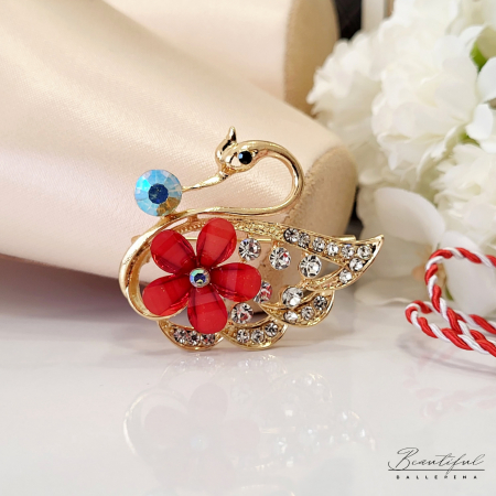 MARTIE - MARTISOR - Brosa Martisor, mare - in forma de lebada cu pietre albe, multicolor si rosii