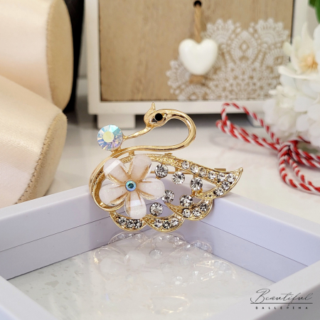 Brosa Martisor, mare - in forma de lebada cu pietre albe, multicolor si alb/crem [1]