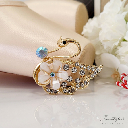 Brosa Martisor, mare - in forma de lebada cu pietre albe, multicolor si alb/crem [0]