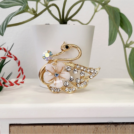 Brosa Martisor, mare - in forma de lebada cu pietre albe, multicolor si alb/crem [2]