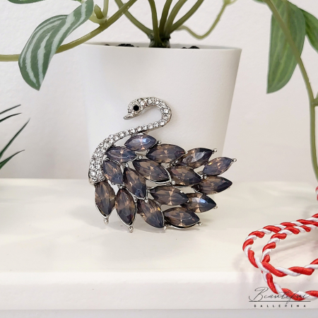 Brosa Martisor, mare - in forma de lebada cu pietre albe si gri grafit [2]