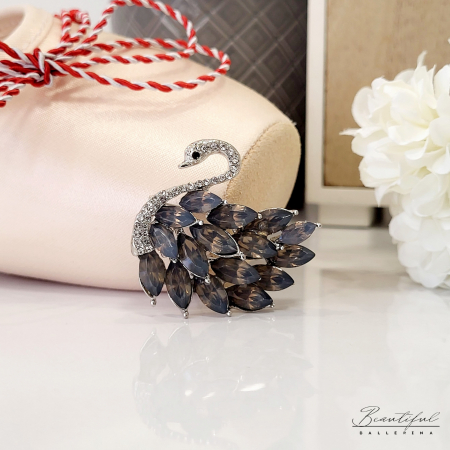 MARTIE - MARTISOR - Brosa Martisor, mare - in forma de lebada cu pietre albe si gri grafit