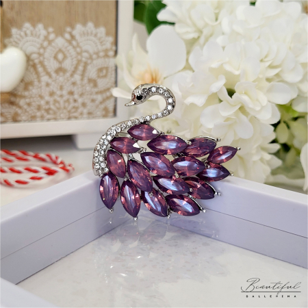 Brosa Martisor, mare - in forma de lebada cu pietre albe si mov lavanda [1]