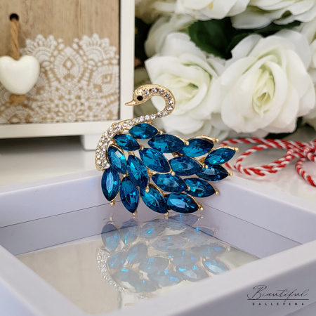 Brosa Martisor - mare, in forma de lebada cu pietre albe si albastre turcoaz [0]