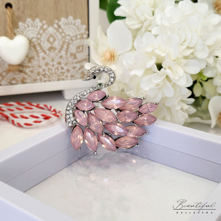 MARTIE - MARTISOR - Brosa Martisor, mare - in forma de lebada cu pietre albe si roz migudale