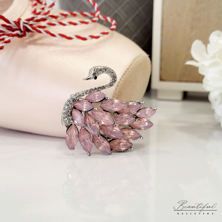 Brosa Martisor, mare - in forma de lebada cu pietre albe si roz migudale [1]