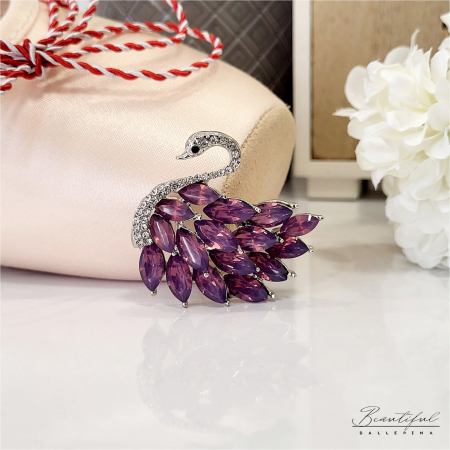 Brosa Martisor, mare - in forma de lebada cu pietre albe si mov lavanda [0]