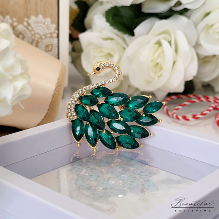 MARTIE - MARTISOR - Brosa Martisor - mare, in forma de lebada cu pietre albe si verzi