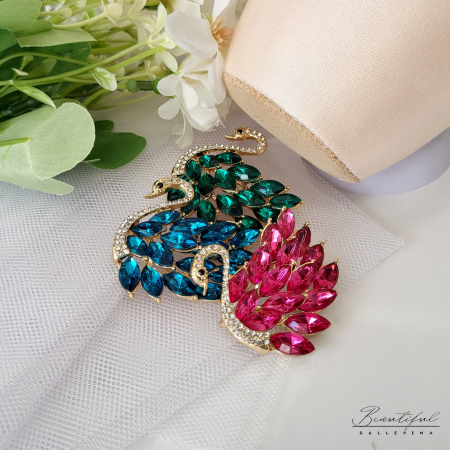 Brosa Martisor - mare, in forma de lebada cu pietre albe si roz [3]