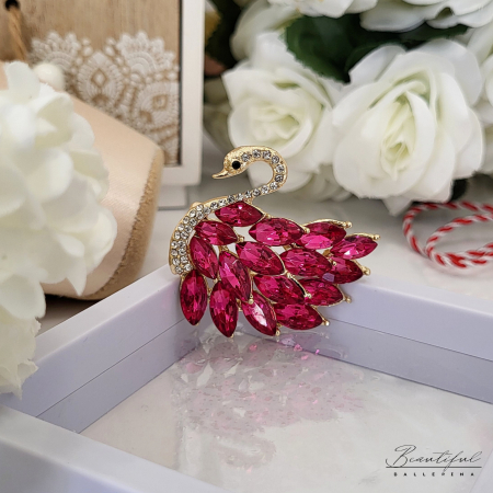 MARTIE - MARTISOR - Brosa Martisor - mare, in forma de lebada cu pietre albe si roz