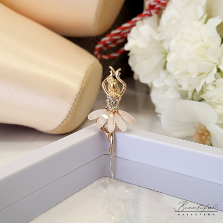 MARTIE - MARTISOR - Brosa Martisor, mic - in forma de balerina cu pietre albe si sidefate pe tutu