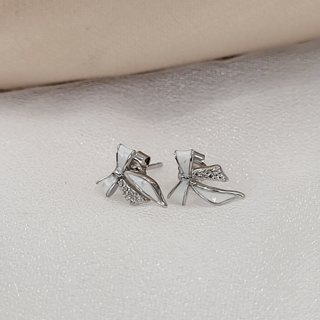 Cercei din Argint 925, Model Fundiță (Fiocco), cu Sidef (Mother of Pearl) și Zirconii Albe [2]