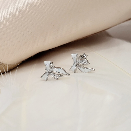 Cercei din Argint 925, Model Fundiță (Fiocco), cu Sidef (Mother of Pearl) și Zirconii Albe [3]