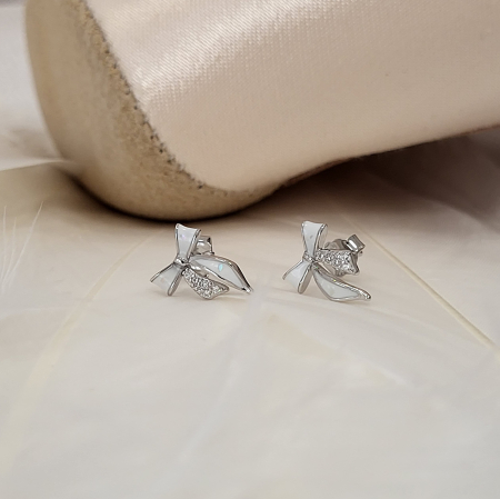 Cercei din Argint 925, Model Fundiță (Fiocco), cu Sidef (Mother of Pearl) și Zirconii Albe [4]