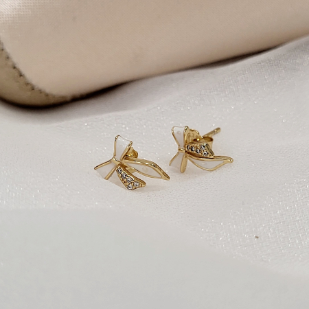 Cercei din Argint 925 Placați cu Aur 14k, Model Fundiță (Fiocco), cu Sidef și Zirconii Albe [4]