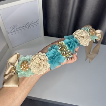 Flowers pro Headpiece - gold, turquoise. Acesoriu profesional flori pentru coc de balerine [3]