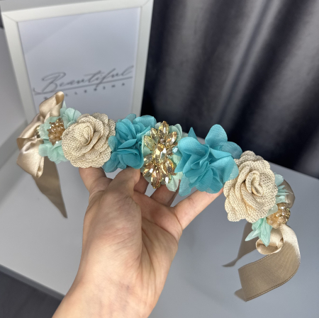 Flori / Flowers - Flowers pro Headpiece - gold, turquoise. Acesoriu profesional flori pentru coc de balerine