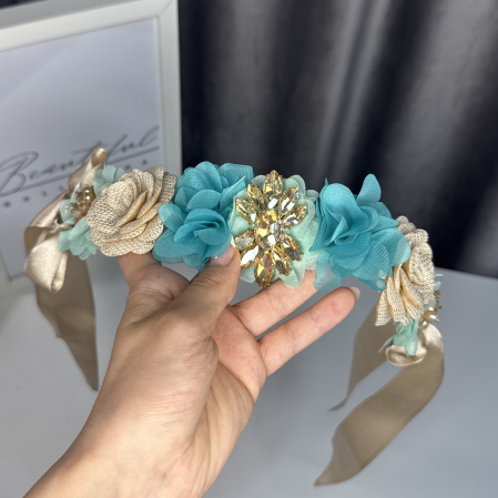 Flowers pro Headpiece - gold, turquoise. Acesoriu profesional flori pentru coc de balerine [2]