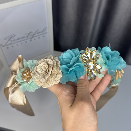 Flowers pro Headpiece - gold, turquoise. Acesoriu profesional flori pentru coc de balerine [1]