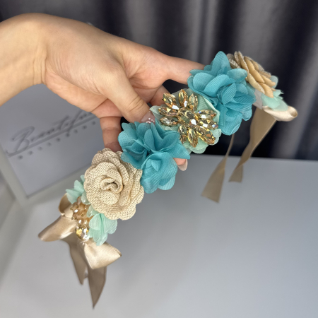 Flowers pro Headpiece - gold, turquoise. Acesoriu profesional flori pentru coc de balerine [4]
