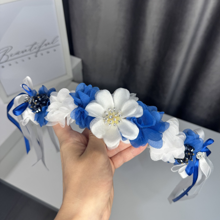 Flowers pro Headpiece - royal blue, white. Acesoriu profesional flori pentru coc de balerine [3]