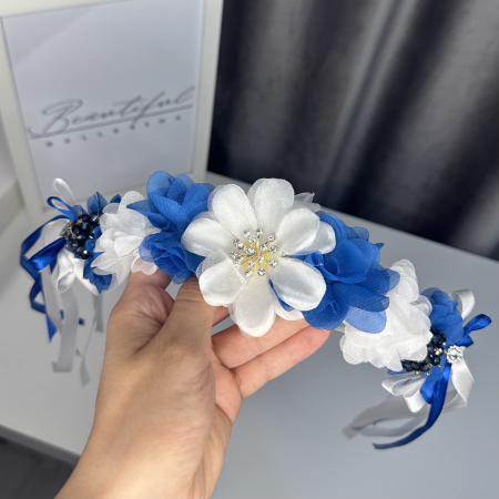 Flori / Flowers - Flowers pro Headpiece - royal blue, white. Acesoriu profesional flori pentru coc de balerine