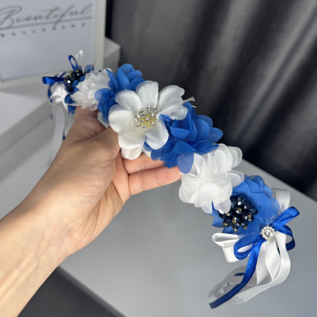 Flowers pro Headpiece - royal blue, white. Acesoriu profesional flori pentru coc de balerine [2]
