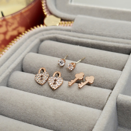 Love - Set cercei  - Key of Love - 3 perechi, rose gold
