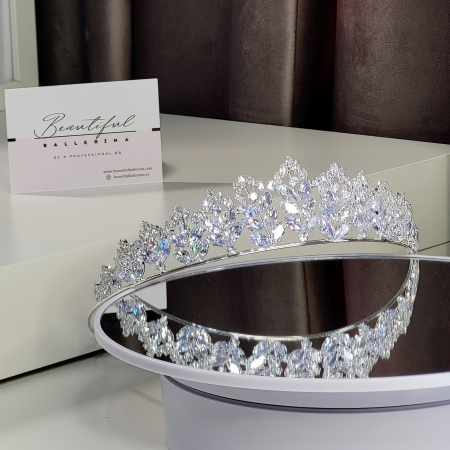 Tiara Coronita Standard - Premium, alb cu argintiu - decorata cu cristale albe, balet [3]