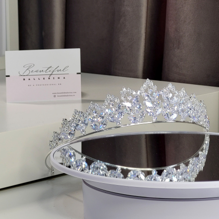 Tiara Coronita Standard - Premium, alb cu argintiu - decorata cu cristale albe, balet [2]