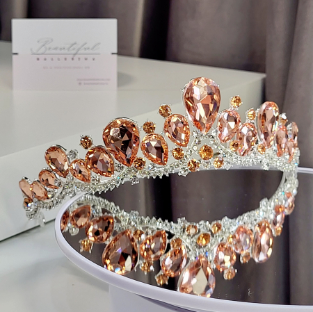 Tiare/Coronite Standard - Tiara Coronita Standard - Premium, corai - argintiu - decorata cu cristale corai si albe, balet