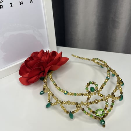 BB PRO TIARAS - Tiara - green & gold + trandafir - Esmeralda
