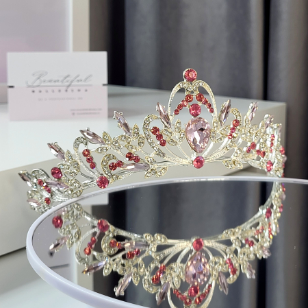 Tiare/Coronite Standard - Tiara Standard -Premium, roz - argintie - decorata cu cristale roz si albe, balet
