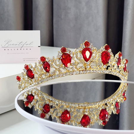 Tiara Coronita Standard - Premium, rosie - aurie - decorata cu cristale rosii si albe, balet [1]