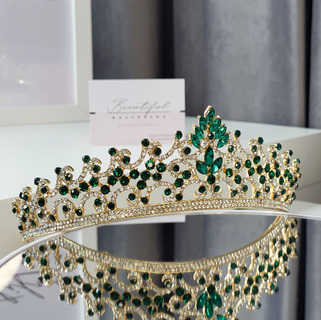 Tiara Standard - Premium, verde - aurie - decorata cu cristale verzi si albe, balet [1]