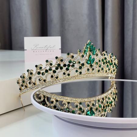 Tiare/Coronite Standard - Tiara Standard - Premium, verde - aurie - decorata cu cristale verzi si albe, balet